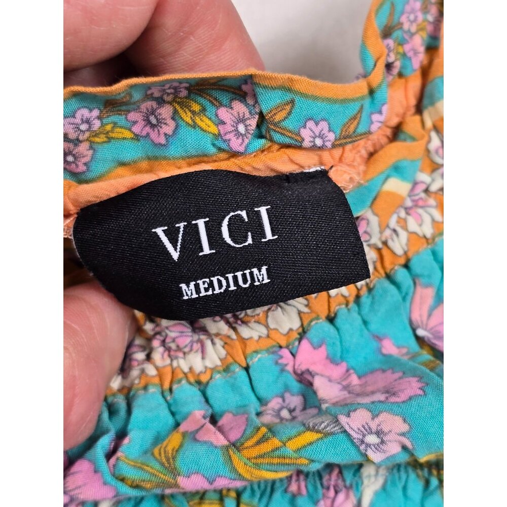 VICI Floral Boho Maxi Dress Medium Peach Teal Sleeveless Adjustable Straps - Picture 2 of 5